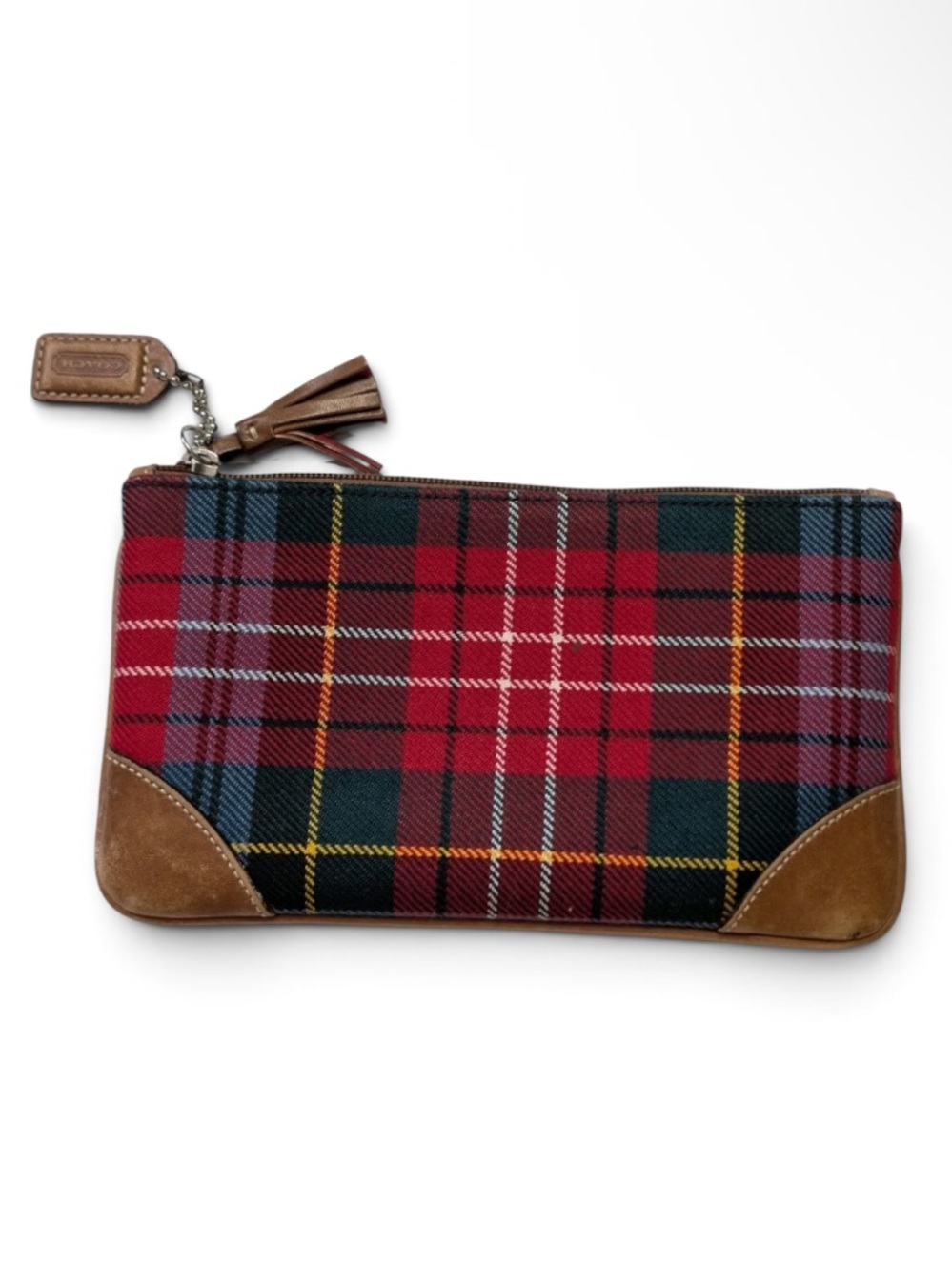Coach y2k Red wool/suede tartan plaid Zip Pouch with Brown Leather tassel